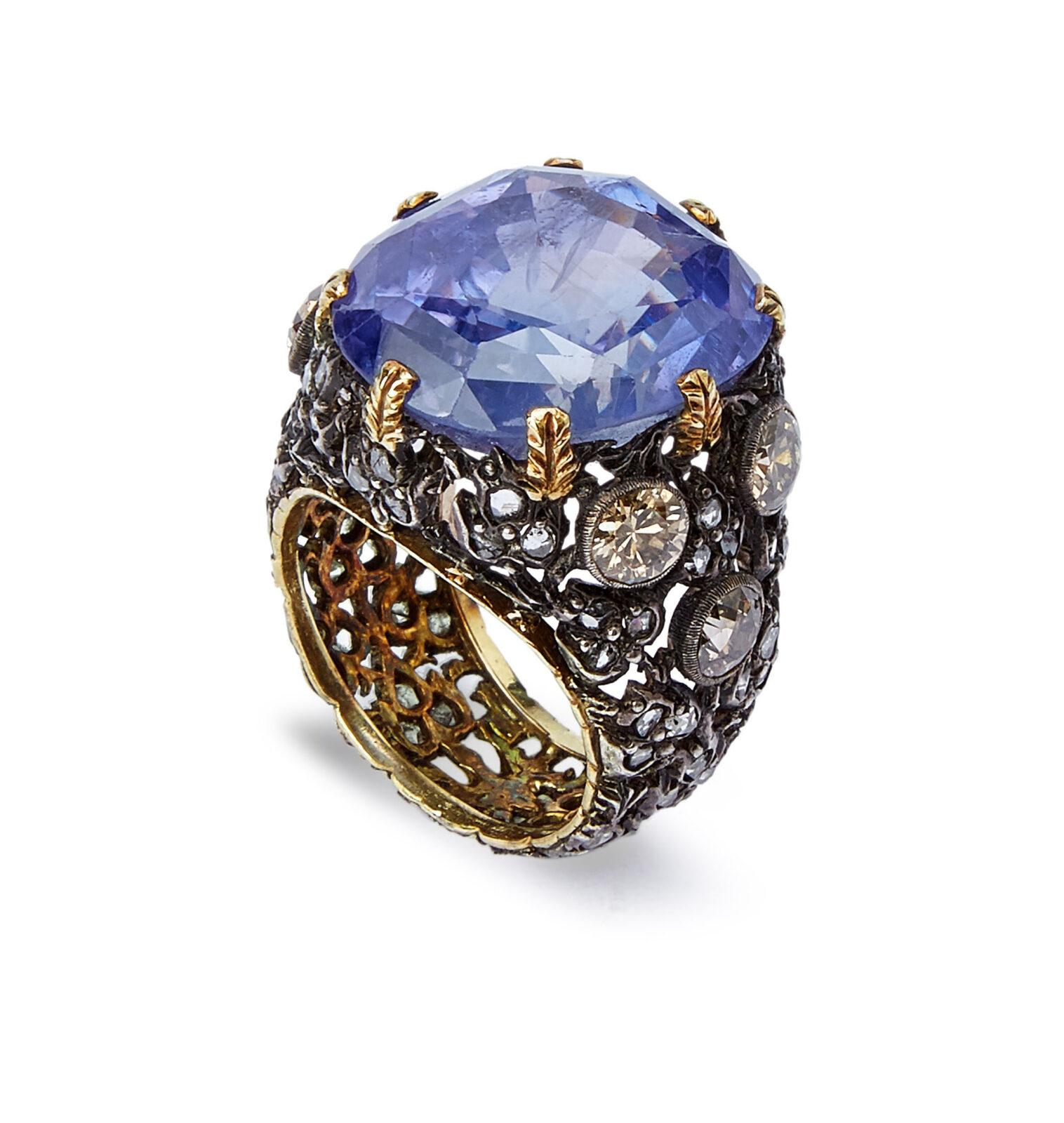 Mario Buccellat. 1936 Bague. Saphir, Diamants, Or et Argent. 1936