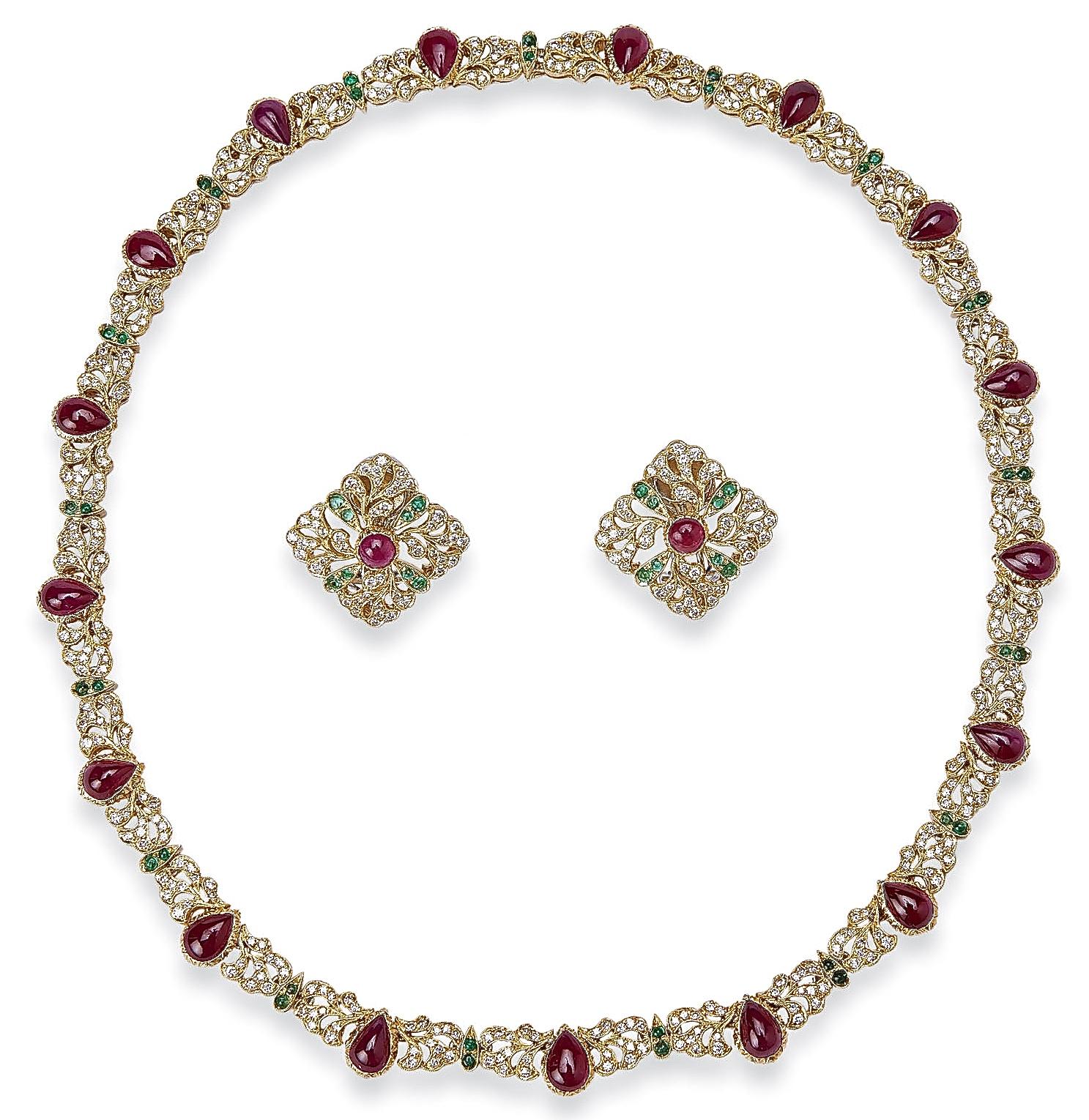 Gianmaria Buccellati "Delicious" Collier et boucles d'oreilles, Or jaune, Rubis cabochons et Diamants. 1995