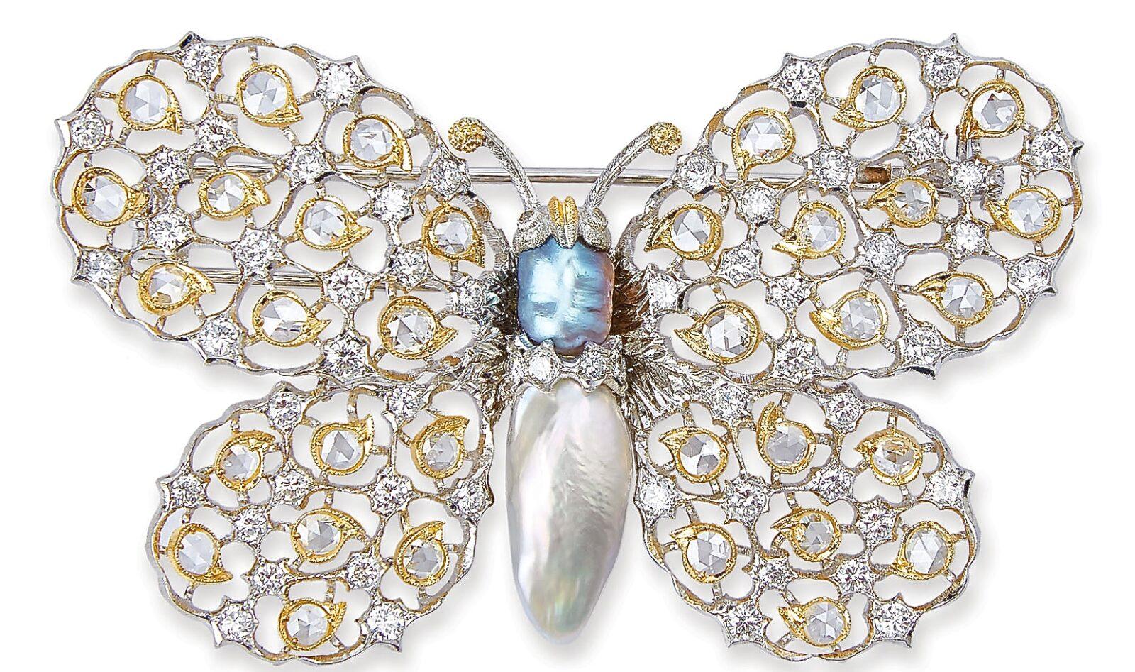 Gianmaria Buccellati. Broche Papillon, Or, Perles et Diamants. 1998.