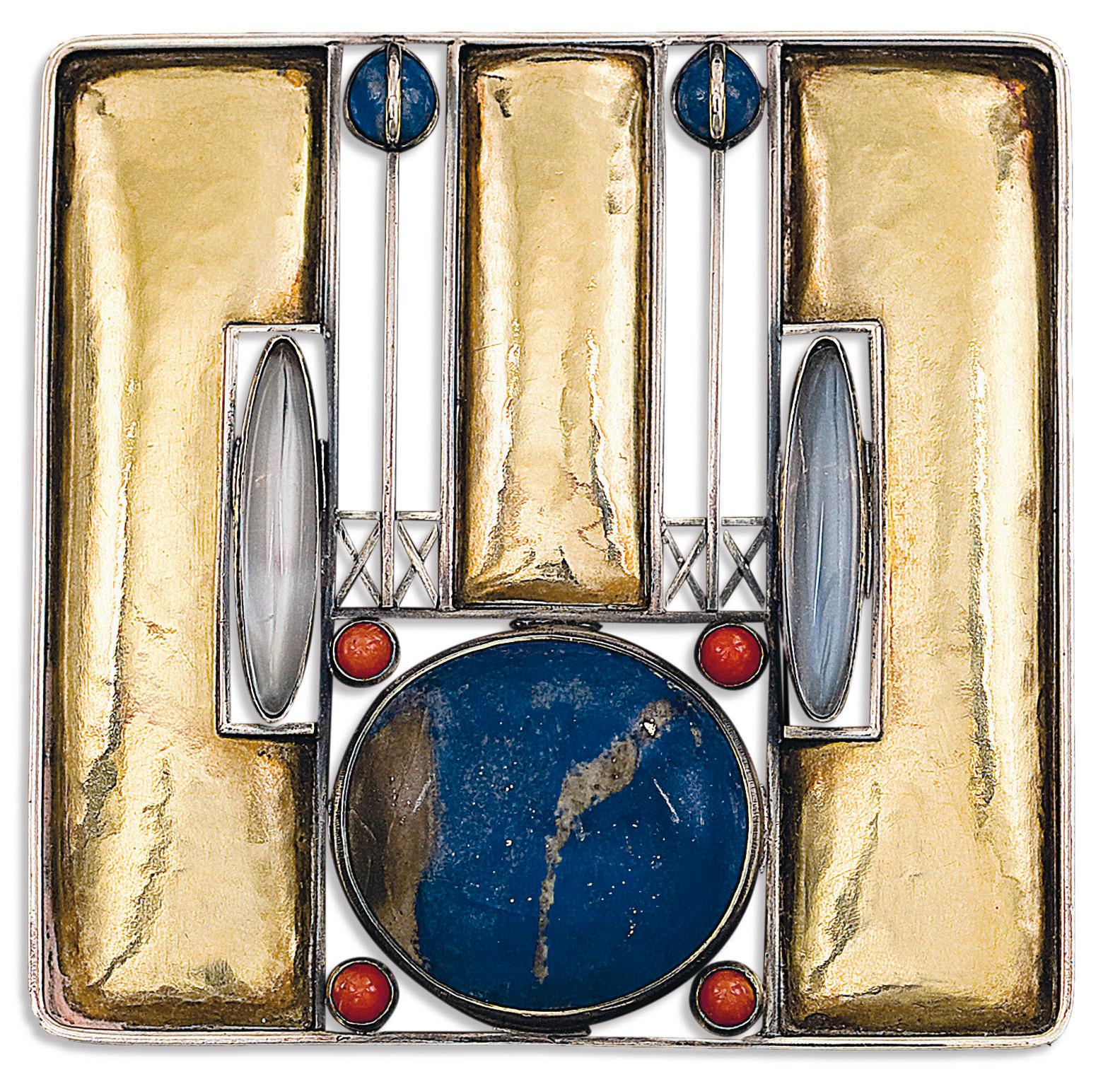 Joseph Hoffmann Broche en Or et Argent, Lapis-Lazuli, Pierre de Lune et Corail.Vers 1905 Crédit agence Kalima