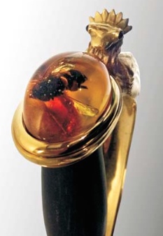 Pommeau de l'épée sertie d'ambre inclus d'un insecte. © Arthus Bertrand