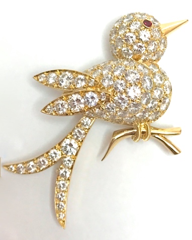 Broche Van Cleef & Arpels "Oiseau"1990. Diamants, Rubis, Or.