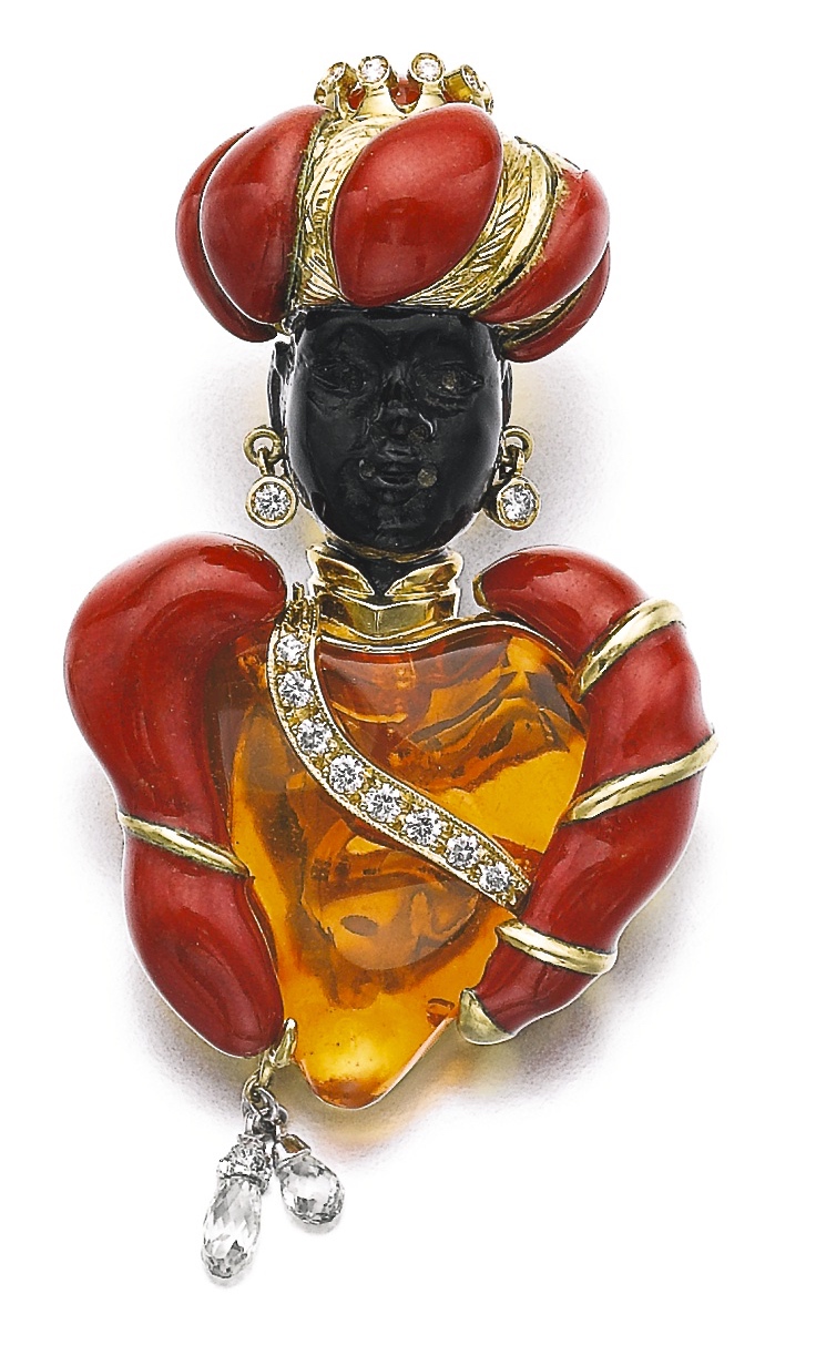 Nardi Broche "Maure" Opale de Feu, Émail, Diamants, Or.