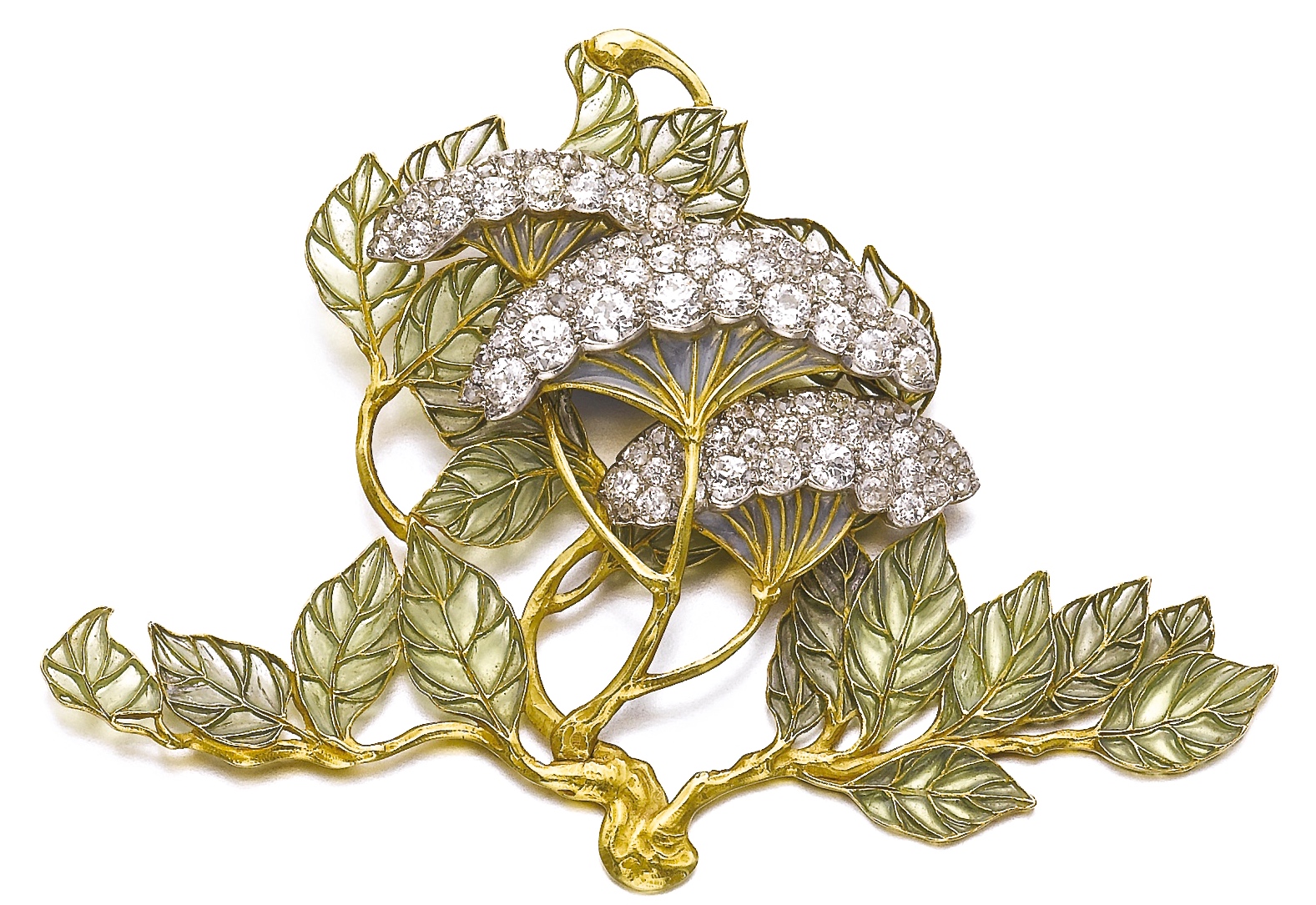 René Lalique Broche "Hydrangea Petiolaris" Émail, Diamants Vers 1900