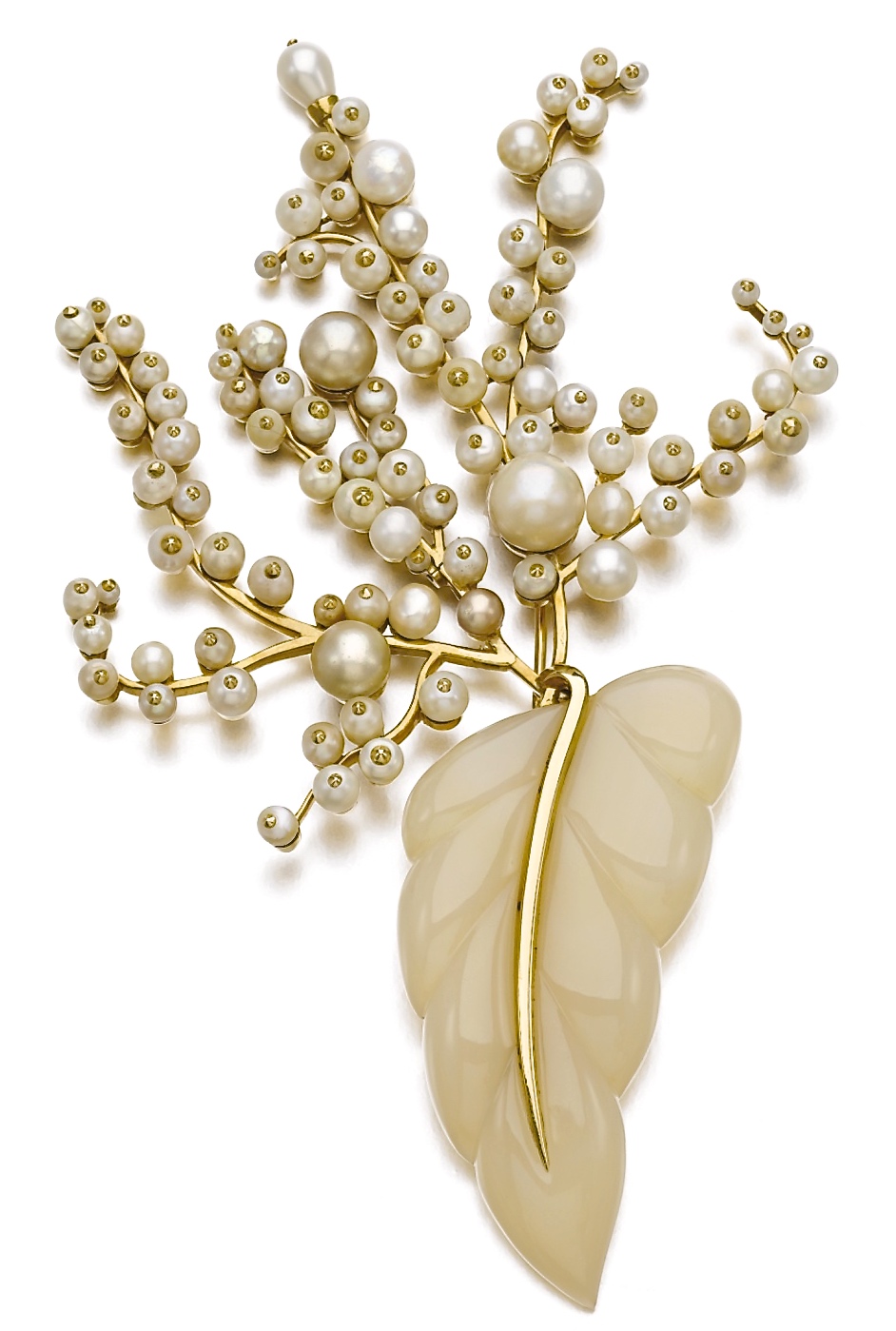 Suzanne Belperron Broche Calcédoine, Perles de Cultures et Perles Fines Vers 1955