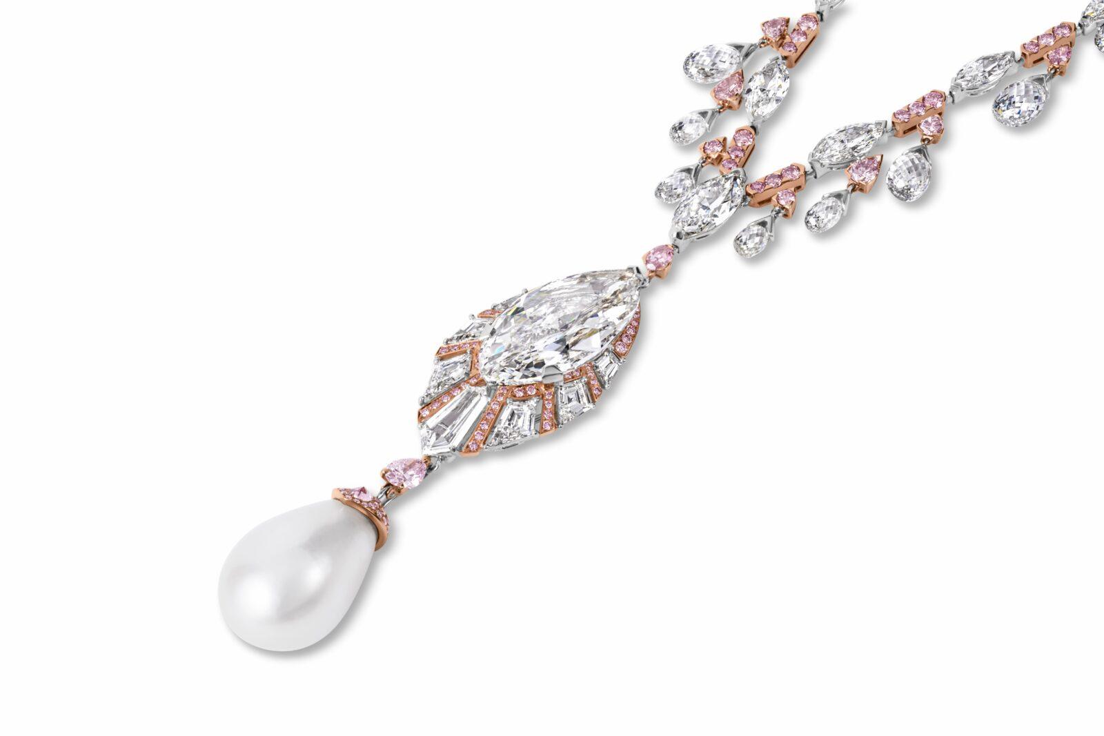 Collier Dewdrop Perle fine 30,30 carats, Diamant marquise 40,71 carats, diamants, diamants roses. © David Morris