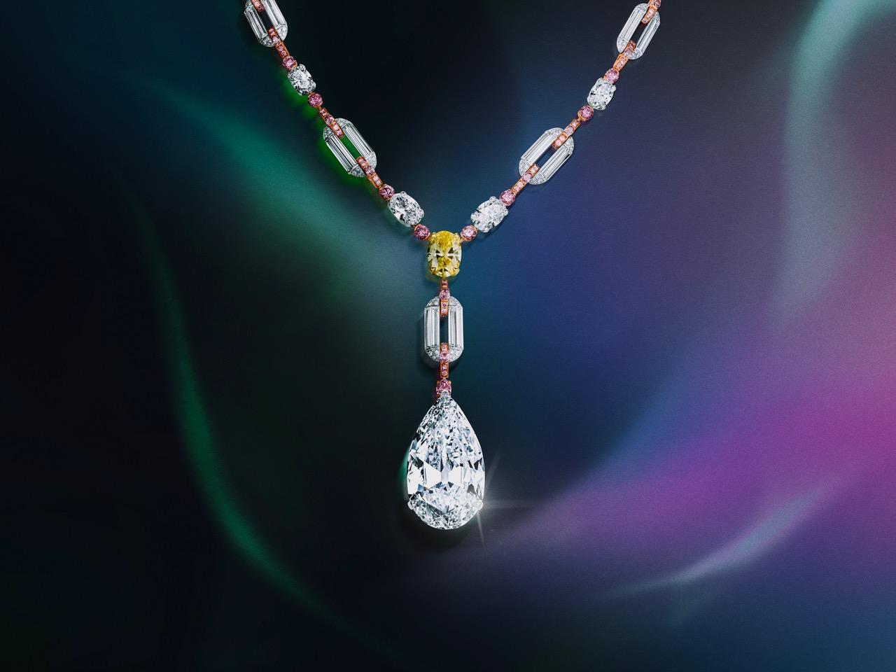 North Star necklace with 62.4ct white diamonds, 7.64ct fancy pink diamonds, 3.12ct yellow diamonds, 0.74 purple diamonds set in 18ct white gold. © David Morris