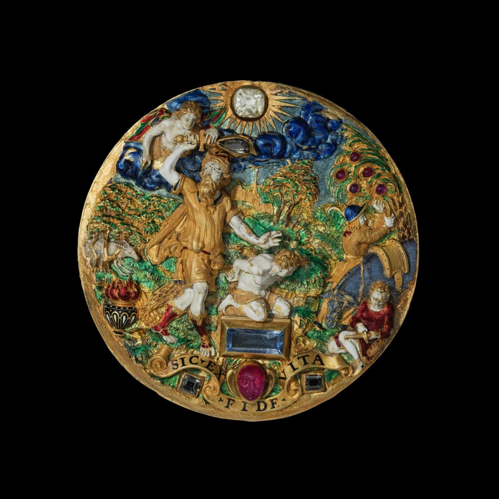 Enseigne à chapeau : le Sacrifice d’Isaac Paris (?), vers 1550-1560 Or, émail, diamants, rubis, saphir Diam. 7 cm Collection Al Thani, ATC256a © The Al Thani Collection 2021. All rights reserved. Photography by Guillaume Benoit.