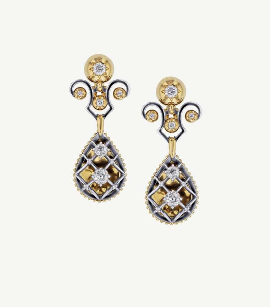 Valmont Earrings, Antique cut and brilliant diamonds, 18ct yellow gold and patinaed silver, courtesy ELIE TOP © ELIE TOP