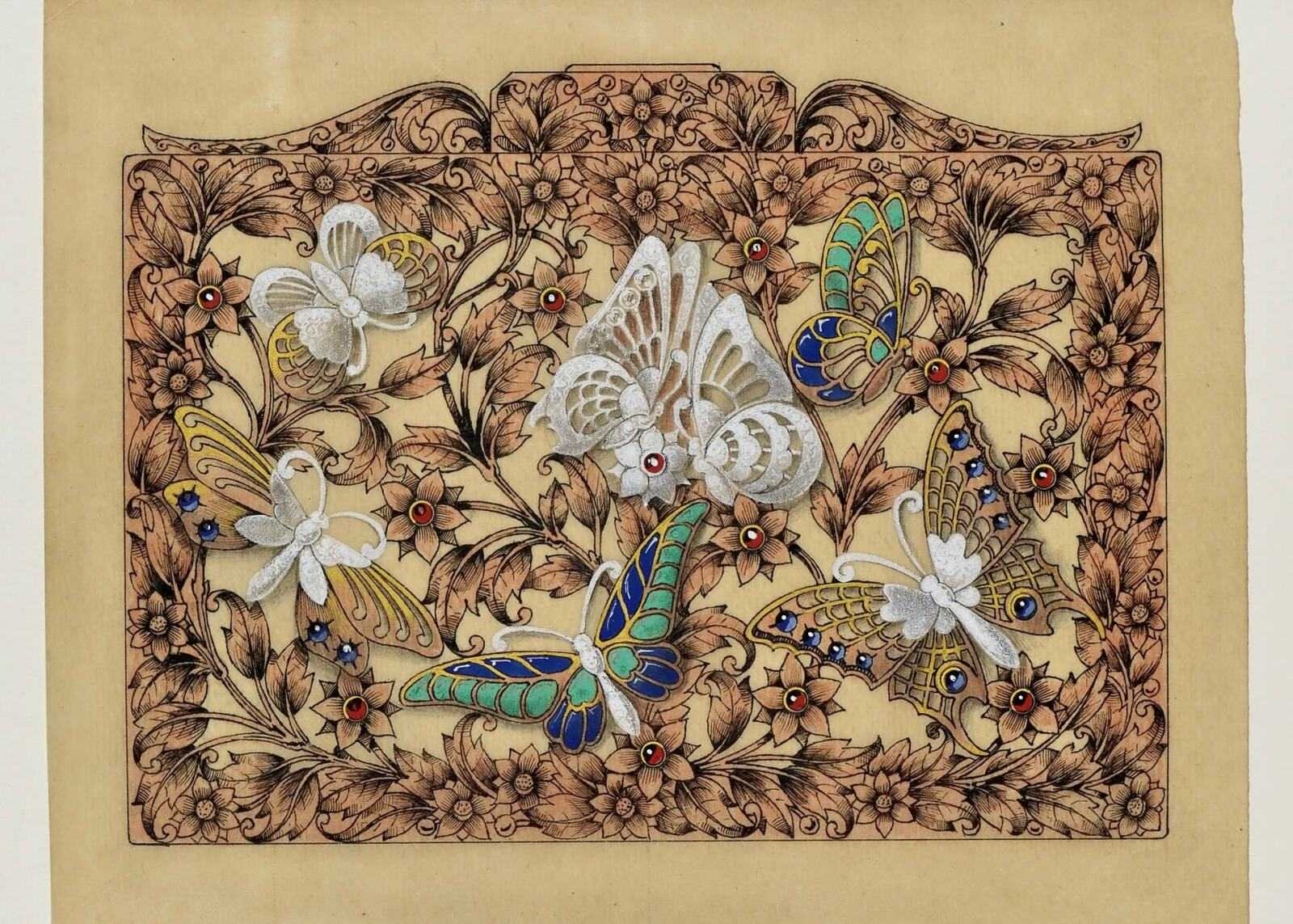 Dessinateur non identifié pour Boucheron, Nécessaire papillons, vers 1945. Crayon graphite, encre et gouache au recto, encre et gouache au verso sur papier vélin translucide, 12,1 × 15 cm. Petit Palais, Musée des Beaux-Arts de la Ville de Paris. Achat sur les arrérages du legs Dutuit, 2002. CCØ Paris Musées / Petit Palais, Musée des Beaux-Arts de la Ville de Paris.