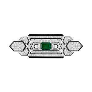 Broche Collier serti d'une émeraude taille émeraude de Zambie de 8.02 ct, pavé de diamants et d'onyx, avec laque noire, sur or blanc et platine.Dans la tradition du multiporté. © BOUCHERON