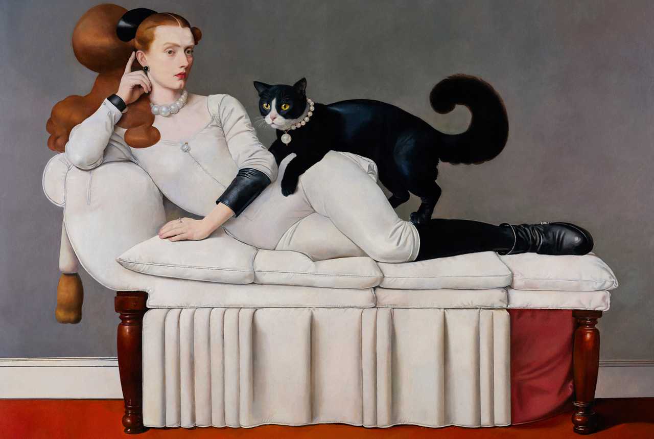 Wolfe von Lenkiewicz, Reflective Grace, 2023-24, huile sur toile. L’artiste fusionne des éléments historiques et des tendances contemporaines, souvent avec la présence d’un animal.