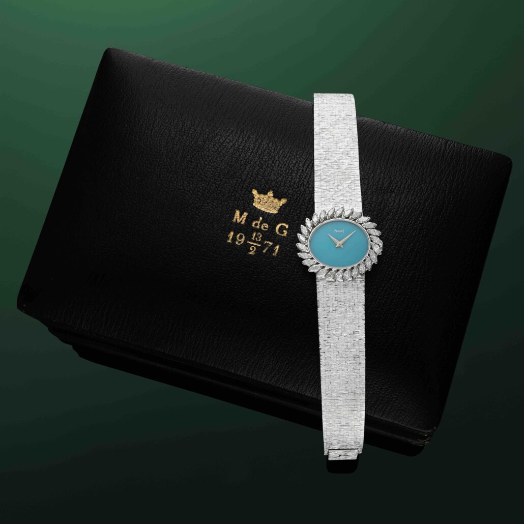 Montre dame cadran turquoise entourage diamants taille navette, Piaget